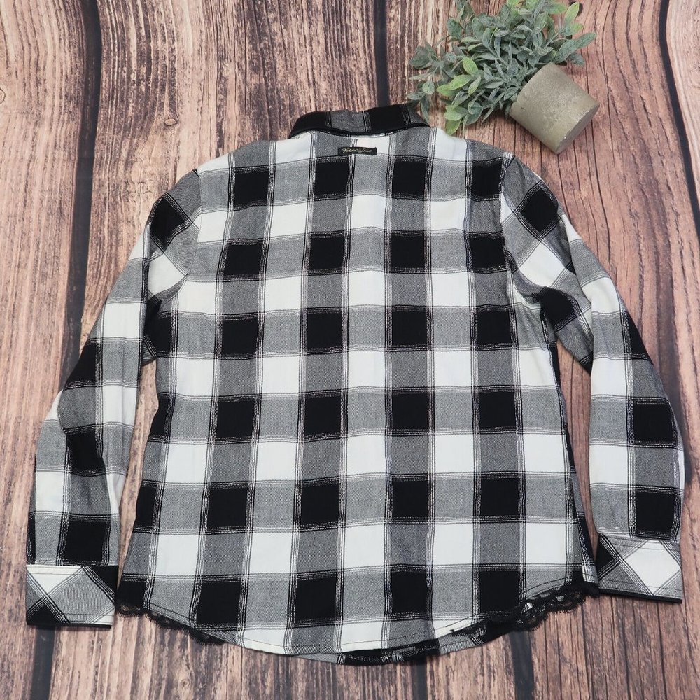 Victoria's Secret Black White Silver Long Sleeve Plaid Flannel Shirt Size XS - Picture 8 of 10